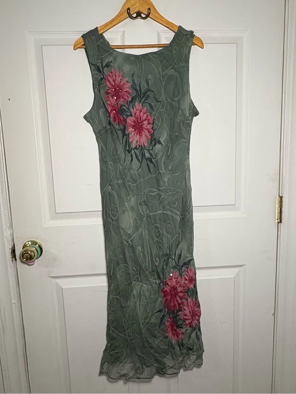 Vintage 90s 100% Silk Dress Women’s 14 Fairy Chiffon Sage Green Romantic Y2K